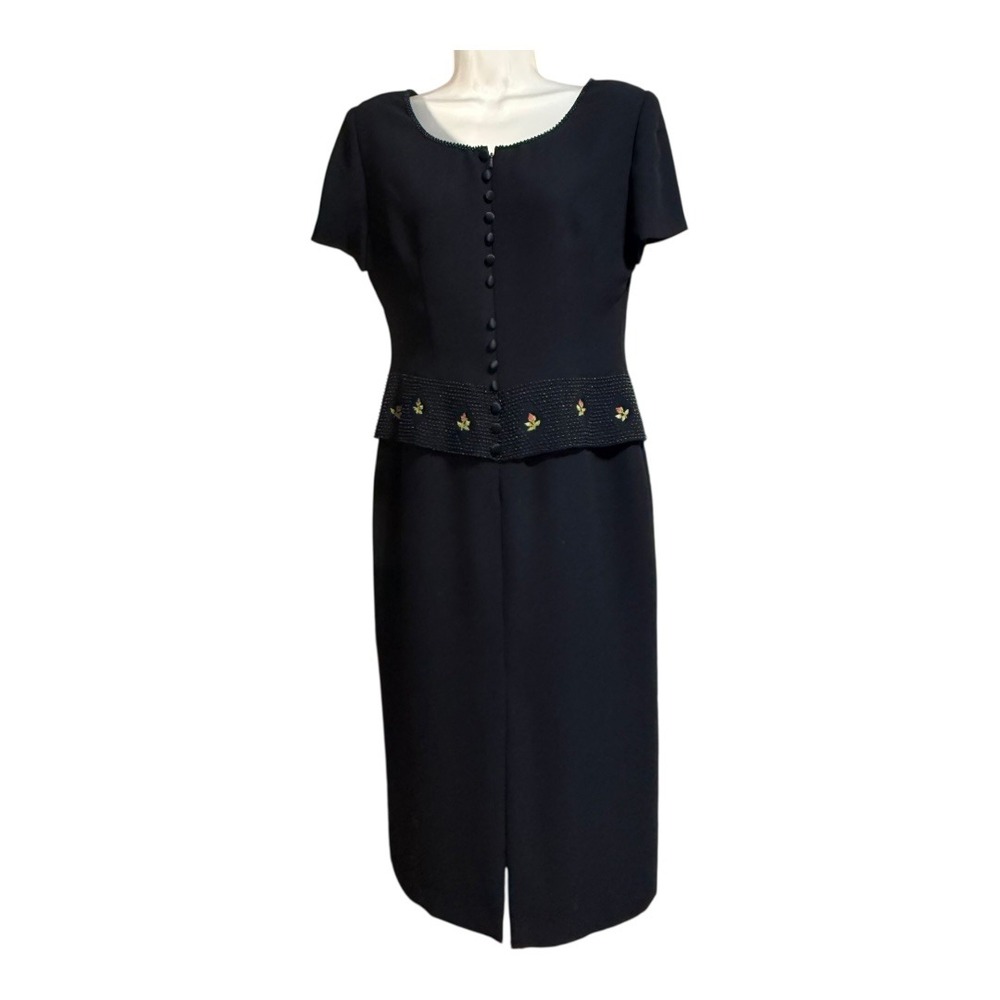 Donna Morgan Petites Black Beaded Waist Short Sleeve Sheath Dress Size 10‎ Vtg